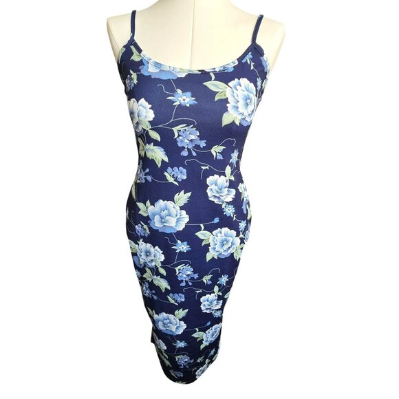 Navy Blue Floral Bodycon Midi Dress With Spaghetti Straps Size L 8/10 JJ3940 - Picture 1 of 9